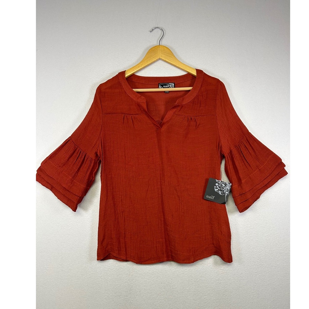 Boho Chic Naif Women Lg‎ Rust Orange Tiered Bell Sleeve Split V-Neck Blouse New